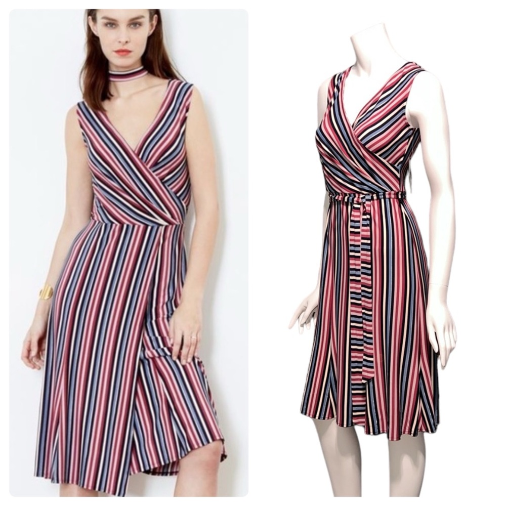 NWT Donna Morgan Faux-Wrap Front Style Multicolored Stripe Sleeveless Dress XS